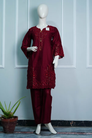 Leesa Jet Mahroon – 2PC Stitched Cotton Dress for women